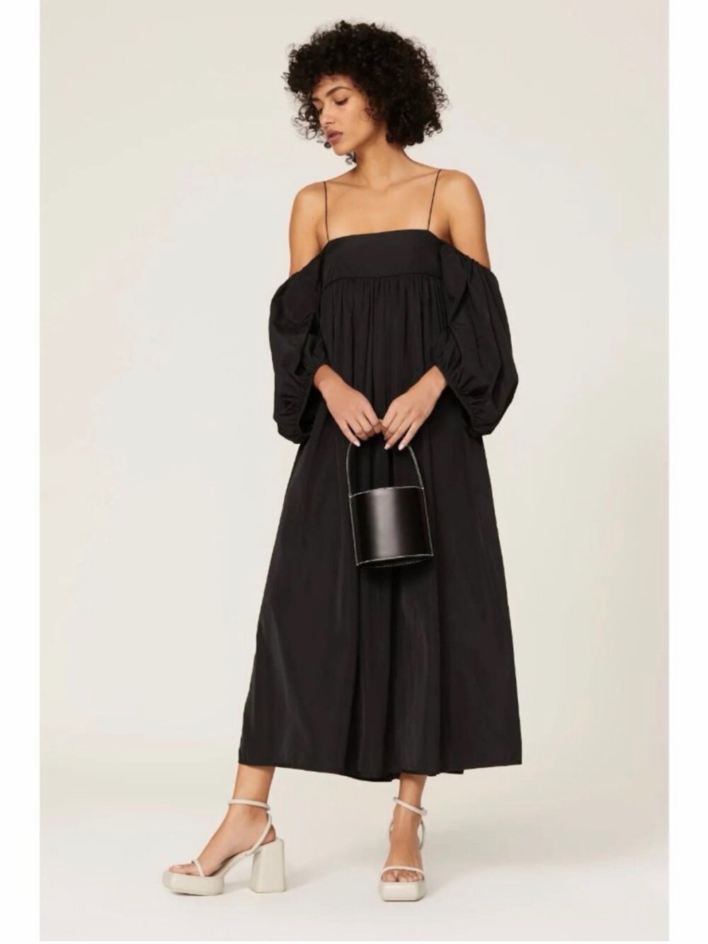 Cecilie Bahnsen Black Off-Shoulder Midi Dress with Spaghetti Straps